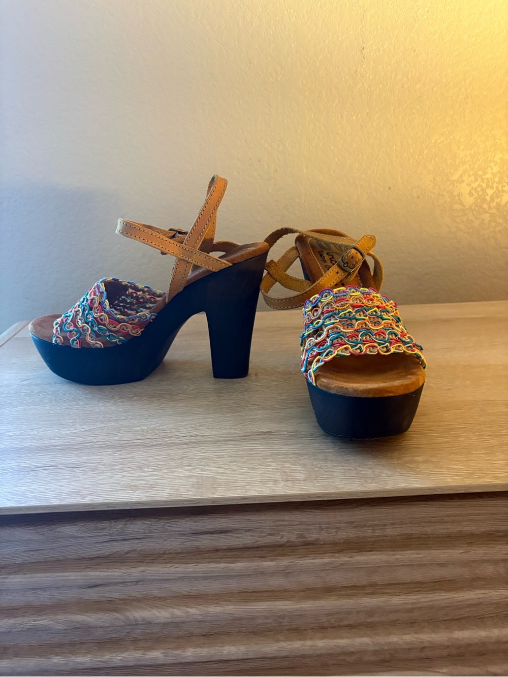 Multicolor Woven Platform Sandals with Tan Ankle Straps